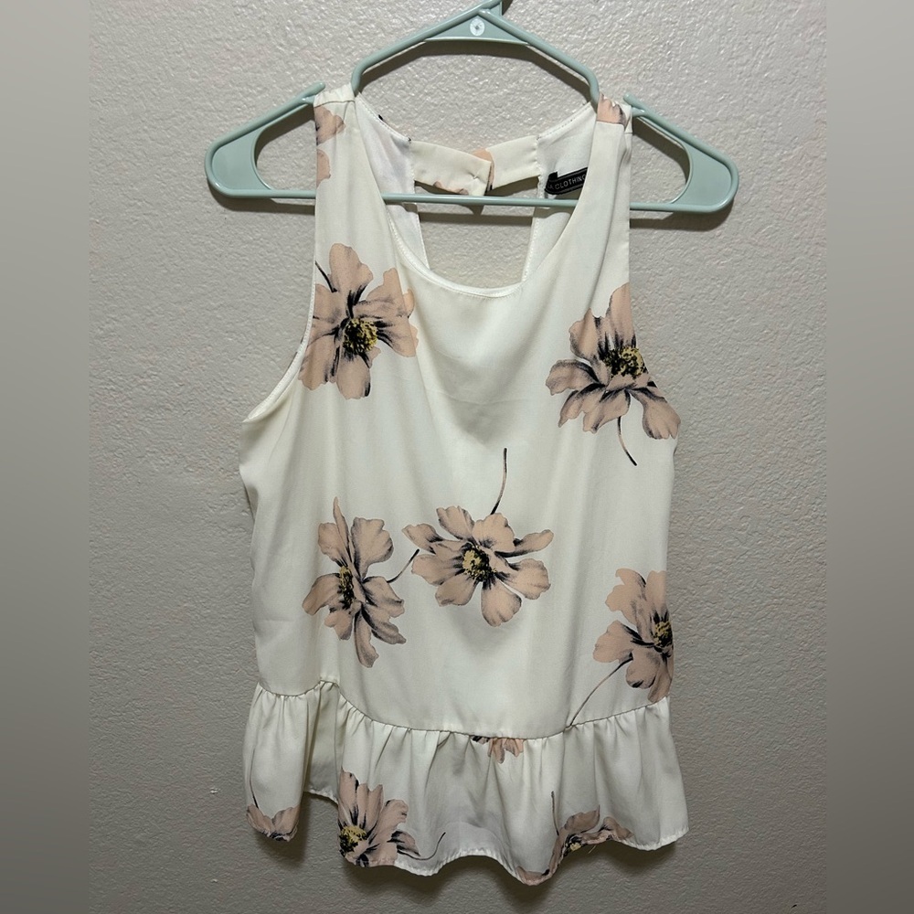 Floral Ruffle Hem Tank Top Cream Sleeveless Boho Babydoll Large